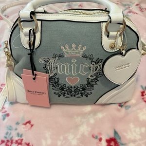 Juicy Couture purse denim blue & white logo tote bag heart charm NWT